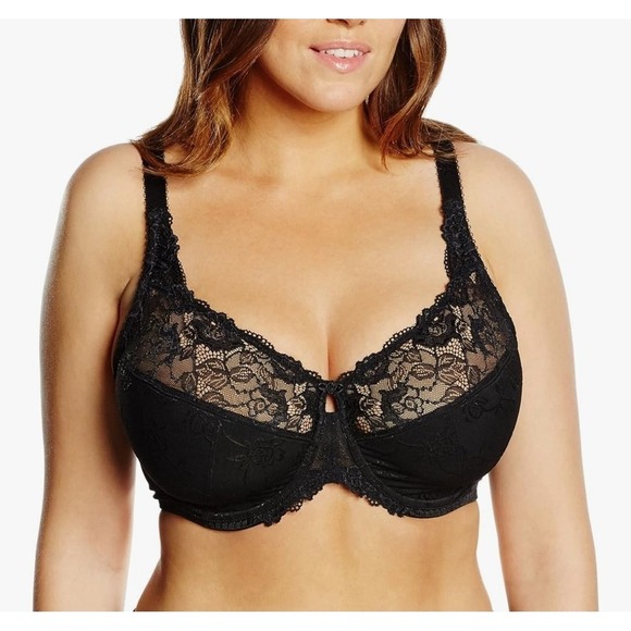 Delimira Satin Minimizer Bra Size 36J Floral Lace Black Unlined Underwire 36 J - Picture 1 of 6